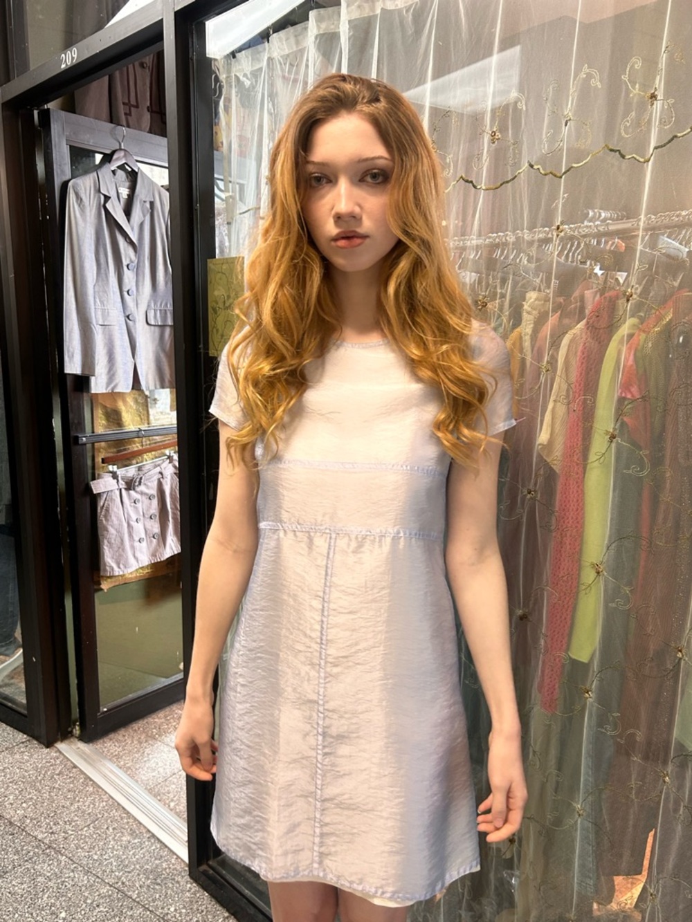 vintage light blue sheer short sleeve mini dress made in paris